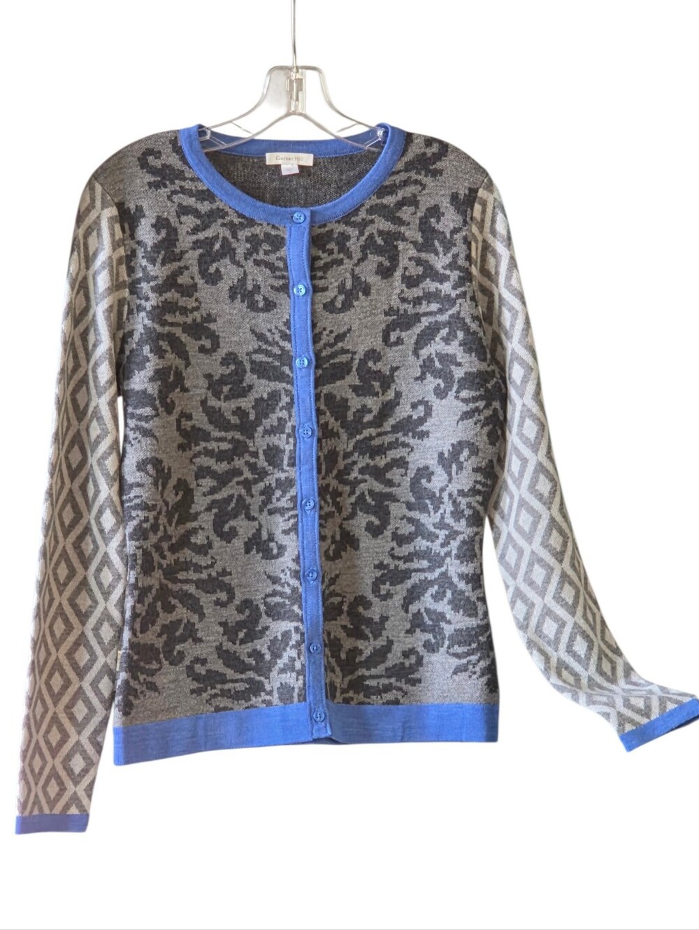 Garnet Hill Gray Jacquard Cardigan with Blue Trim Size Small